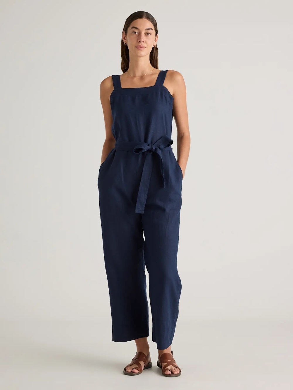 Quince Jumpsuit Woman's Large L European Linen Navy Square-Neck NO BELT Blue